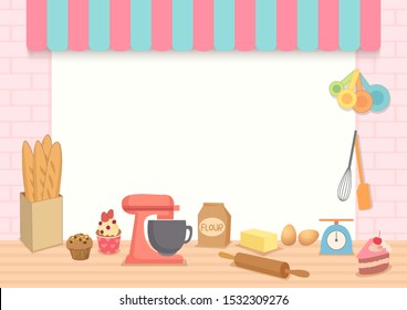 Illustration vector of bakery frame template with baking Equipment on kitchen background.