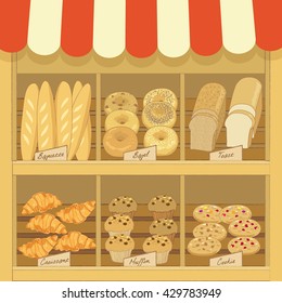 Illustration vector of bakery products on wood shelf in cafe shop.Pastel tone color and retro style.