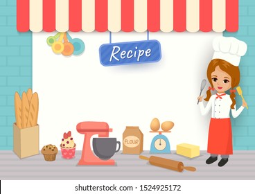 Illustration vector of bakery recipe template with cute girl chef and baking Equipment 