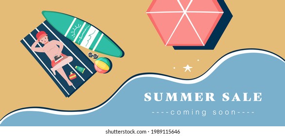 Illustration vector banner background boy is sun bathing on sand at beach above view scene border frame on summer sale skin care products ads concept
