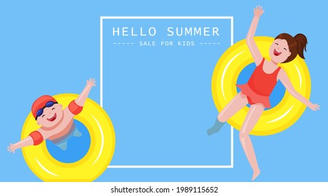 Illustration vector banner background kids boy and girl are playing on yellow inflatables in swimming pool above view scene border frame on summer sale skin care products ads concept