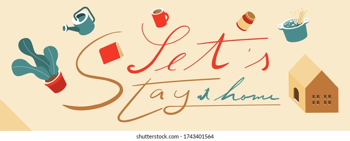 Illustration vector banner background on lets stay at home concept. House appliance and cardboard paper box object.