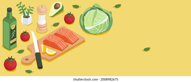 illustration vector banner background of preparing healthy food salmon fish steak keto diet menu on kitchen table concept.