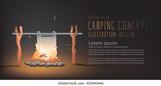 Illustration vector banner beautiful Campfire cooking for a living in the night for camping. But it can be used on the day. Travel Camping and Recreation Concept