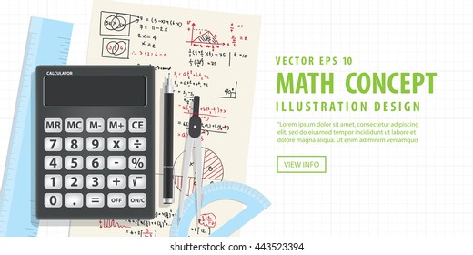 Illustration vector Banner Computational Mathematics With Calculators And Accessories for Mathematical formula background. Education and Math subject Concept.
