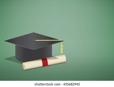 Illustration vector banner graduate cap and diploma A symbol of graduation. On a green background as a blackboard, Education Success  And Study Concept.
