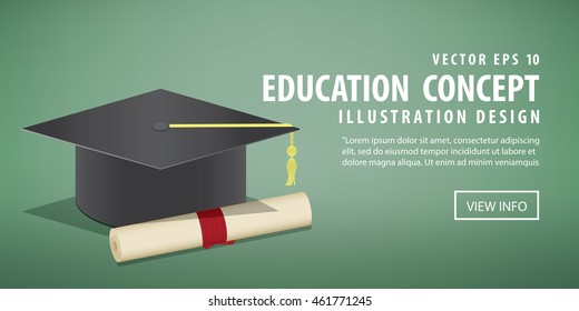 Illustration vector banner graduation cap and diploma A symbol of graduation. On a green background as a blackboard.