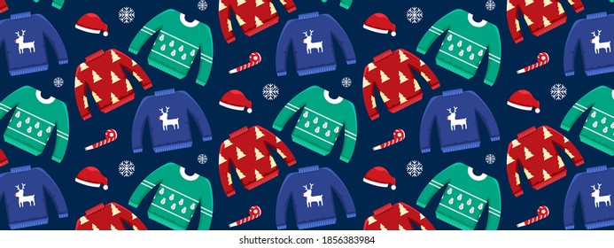 Illustration vector banner or invitation card for happy ugly christmas sweater party with friend or family concept