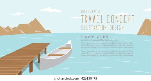 illustration vector banner landscape of lake, mountains and canoe amidst the natural beauty of the resting day. Travel Landscape and Recreation Concept.