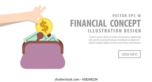 Illustration vector Banner Saving Money and spending with purse. Finance Concept.