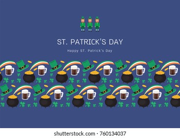 Illustration vector banner of set object on st. Patrick's Day background on  Irish leprechaun dress,Pot of gold,black beer,shamrock gold coin,three leaf clover,hat,Irish flag on rainbow.