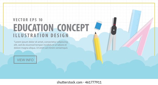 Illustration vector Banner Stationery in the air among the clouds and background into the grid. Represents the beginning of the creative.