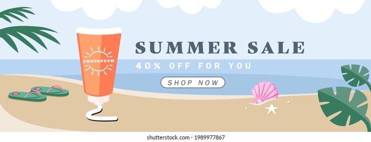 Illustration Vektorbanner der Sonnenbadlotion am Strand als Sommerverkaufsprodukt Konzept.