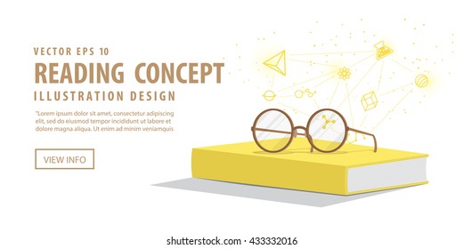 Illustration vector banner yellow book with eyeglasses resting on top. Background is icons refers to knowledge. Education Learning and Reading Concept.