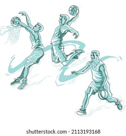 Illustration and vector of basketball player action poses playing around basketball court.