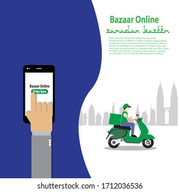 Illustration vector. Bazaar online concept vie smartphone during ramadan with text RAMADAN KAREEM. Ramadan is the fasting month for muslim. Food delivery service.