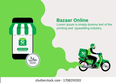 Vector de ilustración: Bazaar Online, entrega de servicios de comida en Ramadán o mes de ayuno.