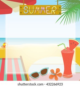 Illustration vector of beach background with watermelon smoothie and sunglasses into empty space for your text and message.