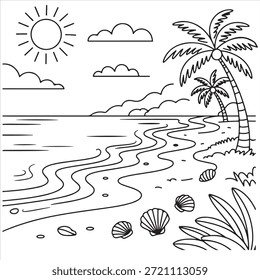Vetor de ilustração de uma arte de linha de praia colorir design de página