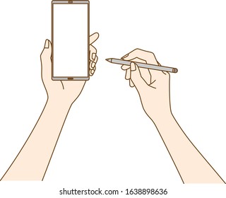 Illustration in vector of a beautiful Japanese woman holding a smartphone and stylus pen by hand, drawn in vector