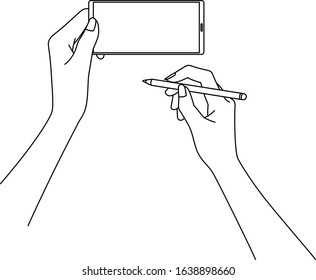 Illustration in vector of a beautiful Japanese woman holding a smartphone and stylus pen by hand, drawn in vector