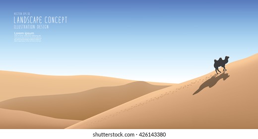 Illustration vector the beautiful landscape in the vast desert and a camel traveling alone. Travel Landscape and Recreation Concept