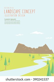 Illustration vector beautiful natural scenery has a long road to the big mountains flat style.