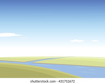 Illustration vector beautiful nature, field, river and sky, landscape background scene Concept.