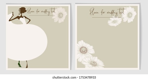 Illustration vector of beautiful woman in sparkling wedding dress. Invitation template for bridal shower/ wedding. Bride/woman silhouette.