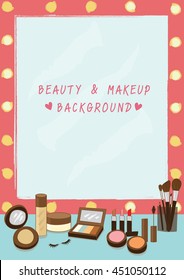 Illustration vector for beauty with  dressing table and  lighting mirror and  all cosmetics for makeup.