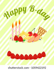 Illustration vector of birthday card. Colorful Fruit cake on light green background.