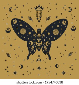Illustration in the vector black butterflies. A postcard or card with a moth character on a gold background with the moon and stars. The scrawl depicted winged, mystical, dark-colored butterflies floa