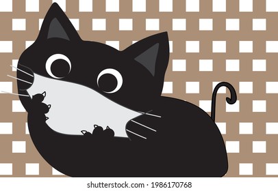 Illustration Vector of  black cat wearing cloth mask, Checkered brown and white background