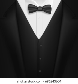 Illustration of Vector Black Suit with Bowtie. Realistic Mens Tuxedo Suit Succeed Businessman Concept