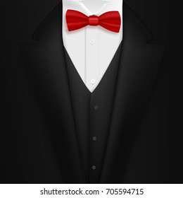 Illustration of Vector Black Suit with Bowtie. Realistic Mens Tuxedo Suit Succeed Businessman Concept