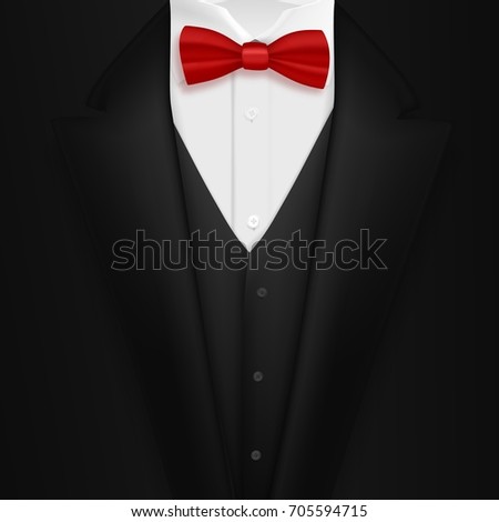 Illustration of Vector Black Suit with Bowtie. Realistic Mens Tuxedo Suit Succeed Businessman Concept