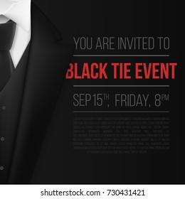 Illustration of Vector Black Suit. Black Tie Event Invitation Template. Realistic Vector 3D Mens Suit with Neck Tie