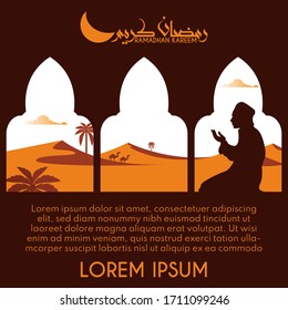 Illustration Vector of Black White Ramadhan Kareem Background Design Template Mosque , desert, date palm camel,good for your project of ramadhan, banner promotion and islamic template of ramadhan 