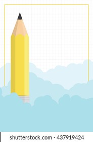 Illustration vector blank poster Pencil in the air among the clouds and background into the grid. Represents the beginning of the creative. Education Creative Concept.