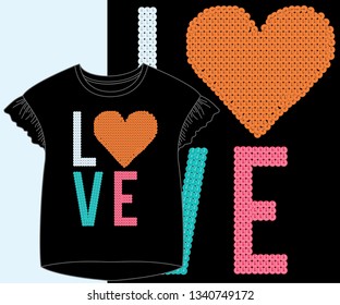 Illustration vector blouse with graphic print with text love and heart