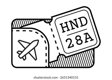 Ilustração vetorial de um cartão de embarque e símbolo de avião. Esboço preto e branco minimalista com número de assento de voo e destino Ideal para viagens, aviação, turismo, aventura