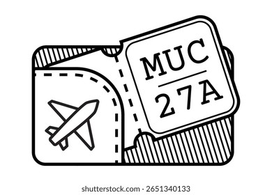 Ilustração vetorial de um cartão de embarque e símbolo de avião. Esboço preto e branco minimalista com número de assento de voo e destino Ideal para viagens, aviação, turismo, aventura