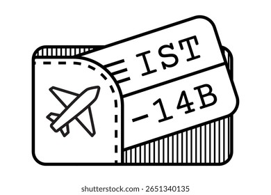 Ilustração vetorial de um cartão de embarque e símbolo de avião. Esboço preto e branco minimalista com número de assento de voo e destino Ideal para viagens, aviação, turismo, aventura