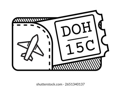 Ilustração vetorial de um cartão de embarque e símbolo de avião. Esboço preto e branco minimalista com número de assento de voo e destino Ideal para viagens, aviação, turismo, aventura