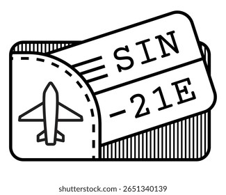 Ilustração vetorial de um cartão de embarque e símbolo de avião. Esboço preto e branco minimalista com número de assento de voo e destino Ideal para viagens, aviação, turismo, aventura