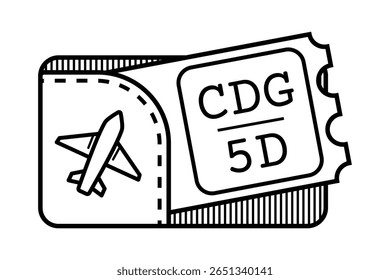 Ilustração vetorial de um cartão de embarque e símbolo de avião. Esboço preto e branco minimalista com número de assento de voo e destino Ideal para viagens, aviação, turismo, aventura