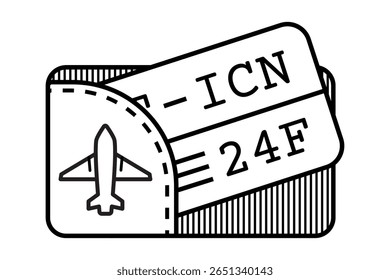 Ilustração vetorial de um cartão de embarque e símbolo de avião. Esboço preto e branco minimalista com número de assento de voo e destino Ideal para viagens, aviação, turismo, aventura