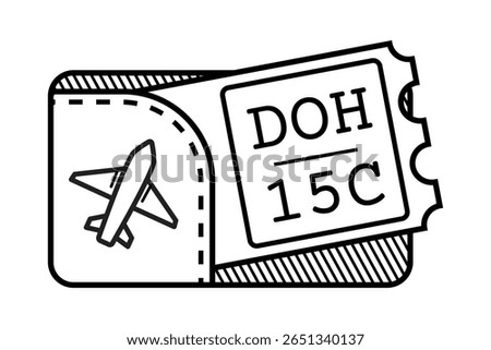 Illustration vector of a boarding pass and airplane symbol. Minimalist black and white sketch featuring flight seat number and destination Ideal for travel, aviation, tourism, adventure