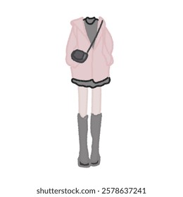 Illustration vector of body and ootd. With a red jacket, gray interior and black bag. Don't forget knee-high boots