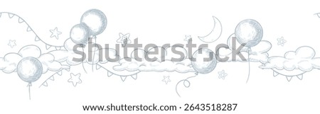 Illustration of vector Border with Balloons in the sky with clouds, stars and garlands. Linear drawing of seamless pattern for baby shower invitations or childish greeting cards. Pastel blue frame.